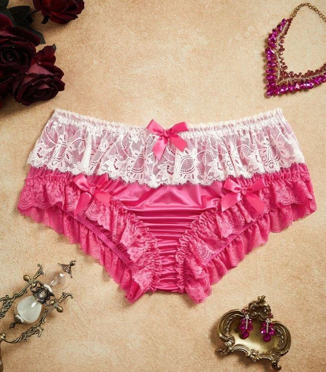 Ice silky feel knickers satin pink panties ruffles bow ruched sissy 22 (3XL)