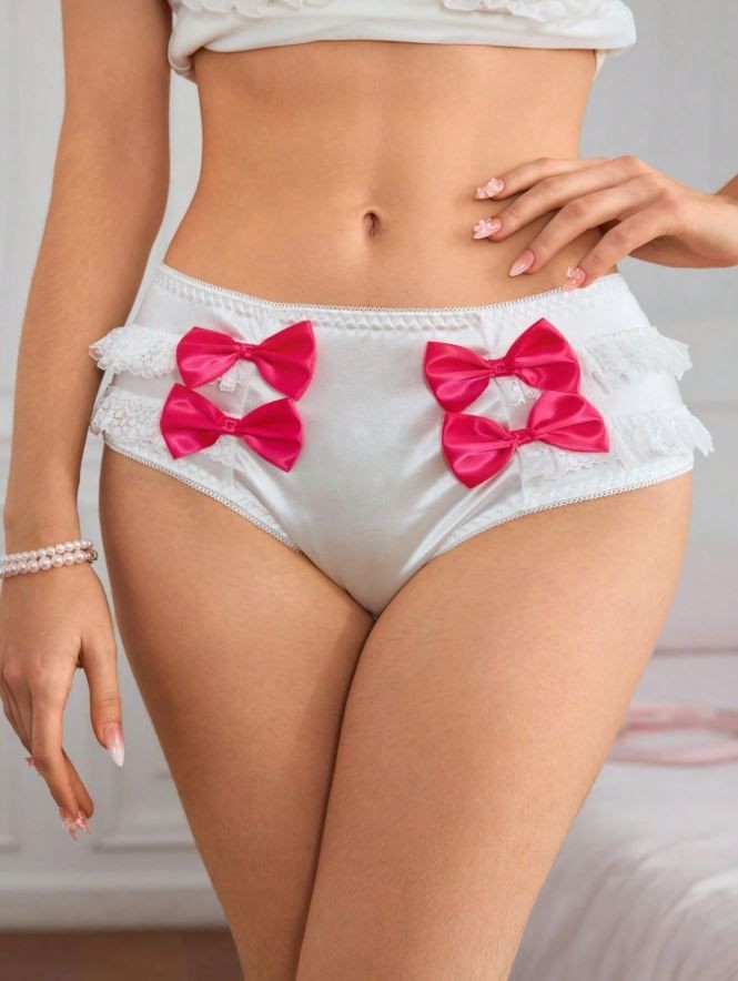 WHITE silky feel satin panties knickers ruffles sissy pink bows size 16-18 XL