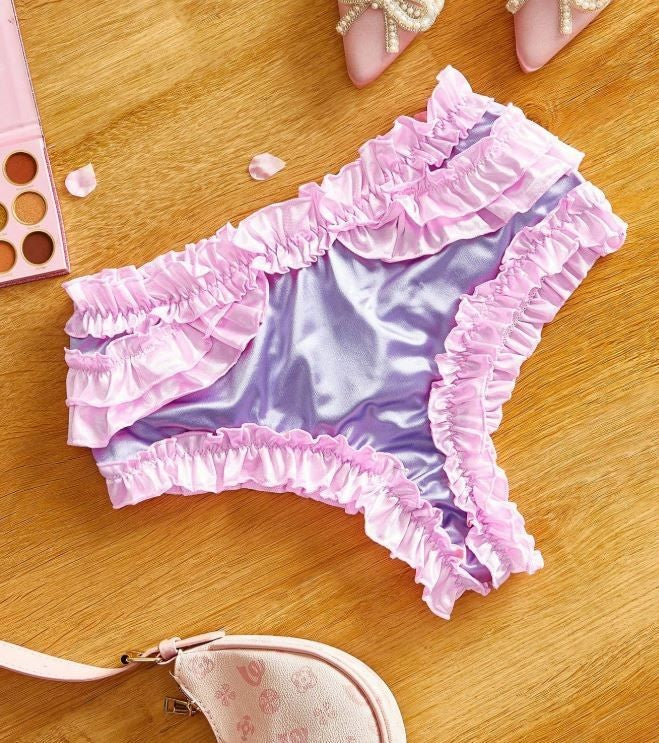 Silky feel Satin Frilly Knickers lilac ruffles pink frilly trim size 12-14 / L