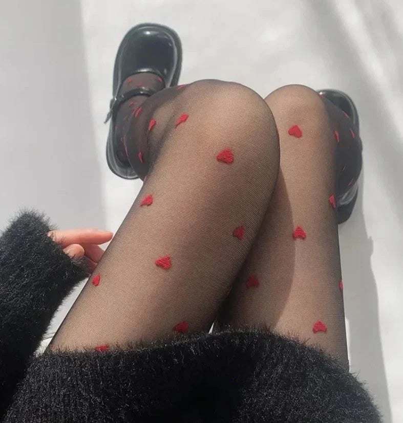 Sexy black tights elegant red hearts print 80D one size fits S-M all seasons