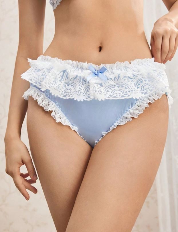 Women's Blue Satin Lace Ruffle Trim panties Bow Decorated silky feel knickers