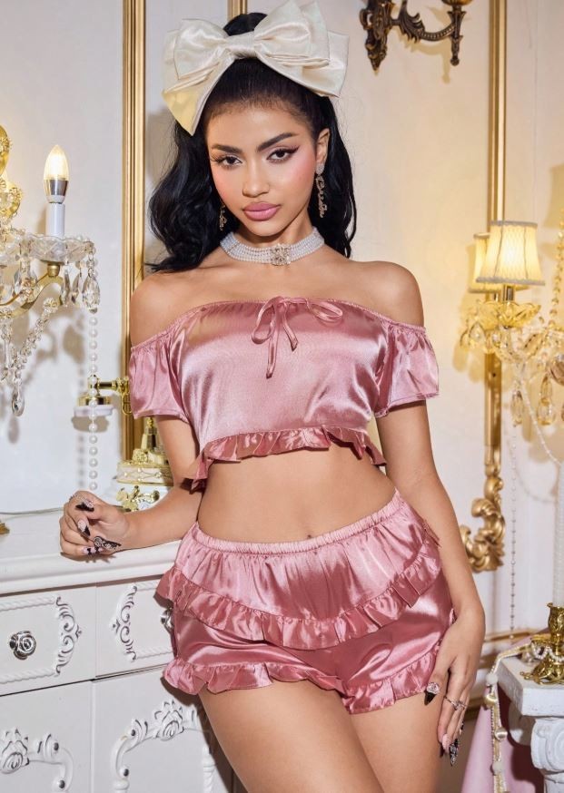 Women’s Satin Pyjama Set 2-Piece Off-Shoulder Crop Top & Ruffle Shorts L / 12-14