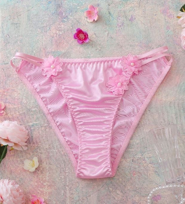 Women Pink Satin Lace panties silky feel Knickers Floral 3D tanga size XL 16-18