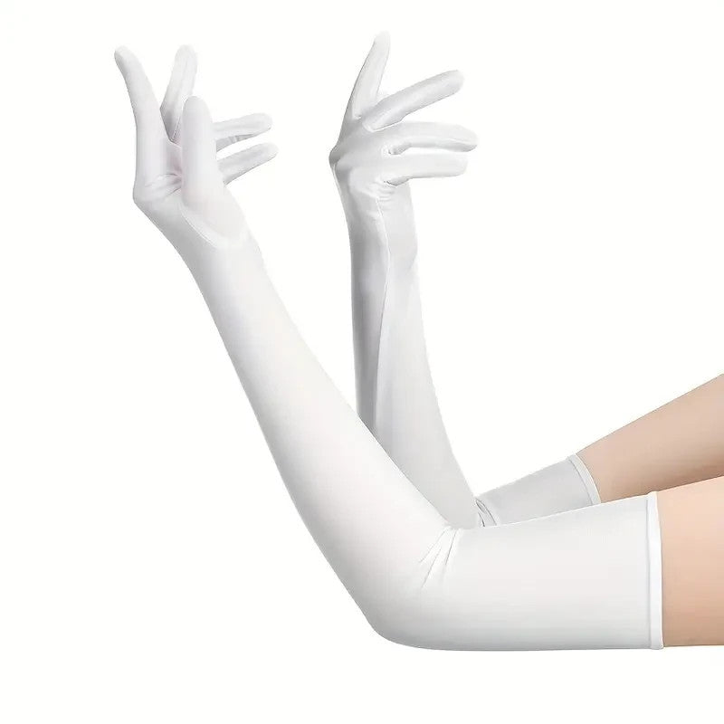 Silky feel satin gloves cosplay long WHITE stretchy 53cm unisex any occasion