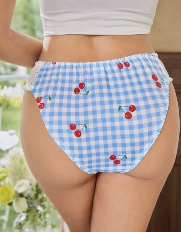Blue Gingham Cherry Print Panties Bow Lace Trim silky feel size XL UK 16-18