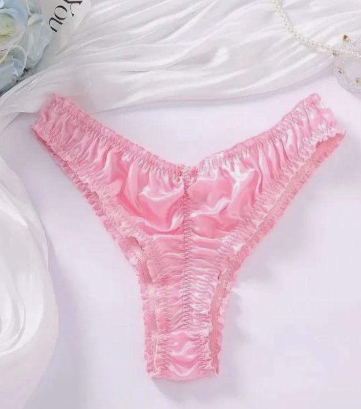 Women Pink Satin Thong Knickers silky feel with Ruched Detail & Bow size L 12-14