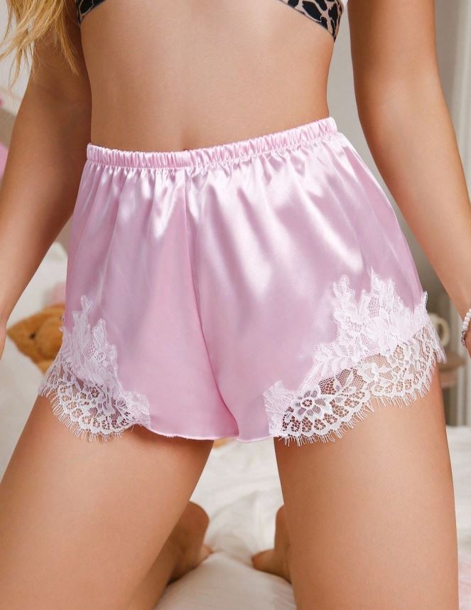 Women's silky feel pink satin panties PJ shorts knickers lace trim size 10 (M)