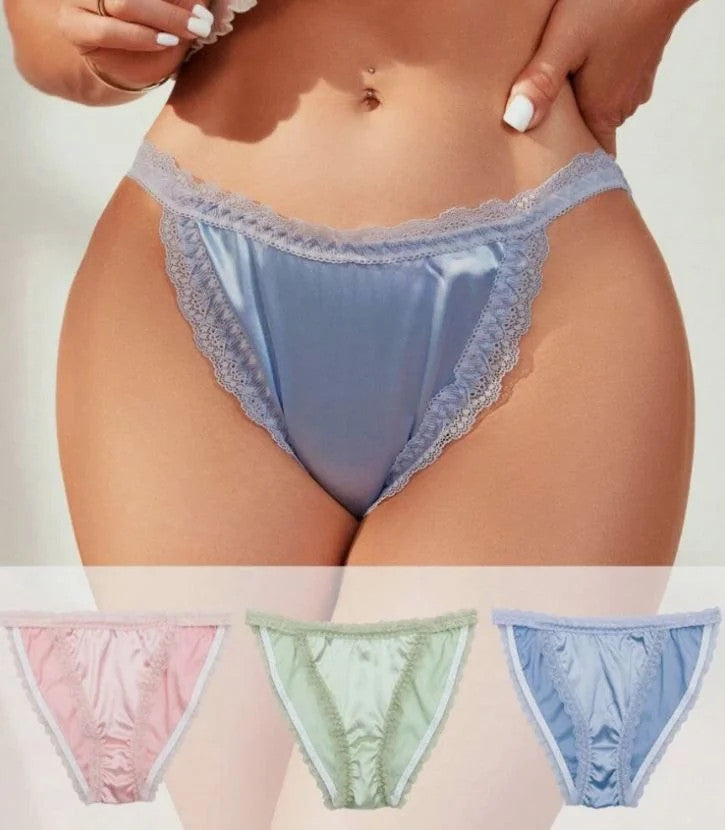 3-pack Women Satin Panties Lace Trim Soft Elastic Pastel Underwear Size L 12-14