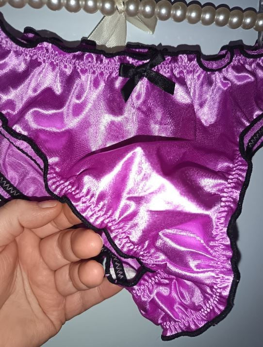 Ladies Purple Satin Frilly Knickers Shiny Silky Panties sissy size S 8