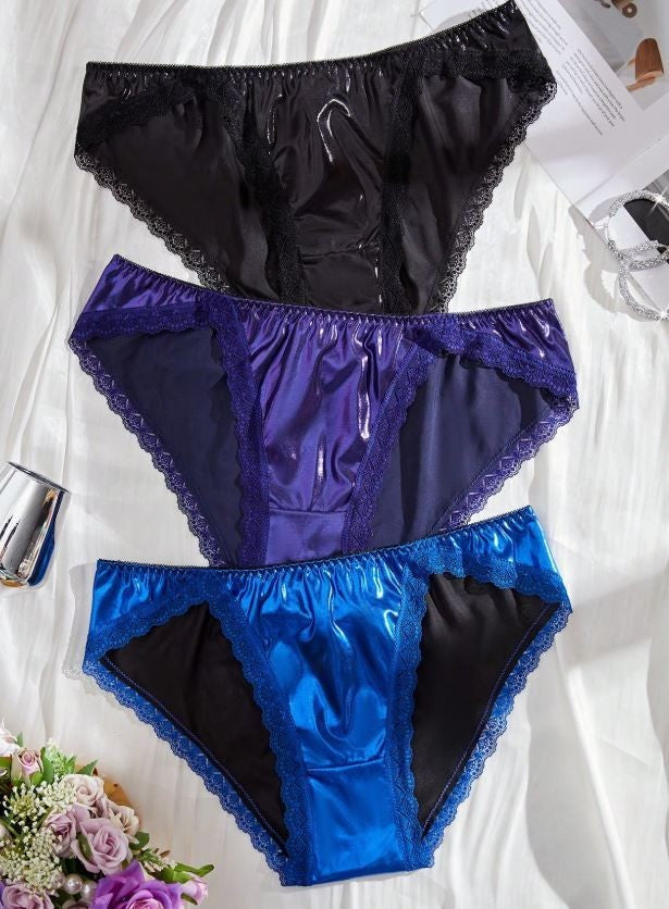 Women's plus size stunning glossy satin knickers silky feel panties lace trim