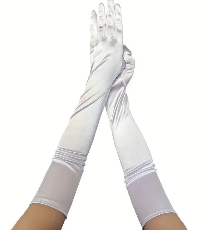 Silky feel satin gloves cosplay long WHITE stretchy 53cm unisex any occasion