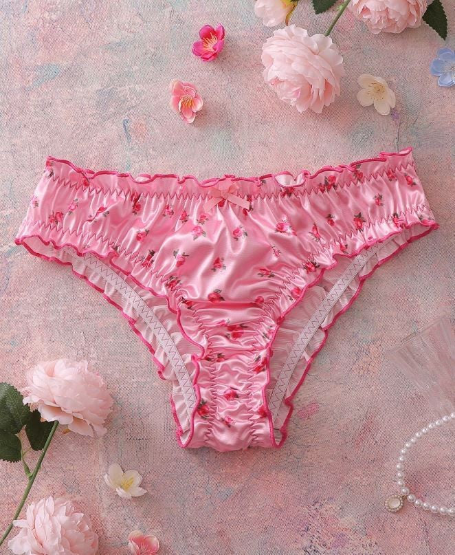 Silky feel Satin Floral Knickers Briefs pink lettuce trim sissy size 12-14 / L