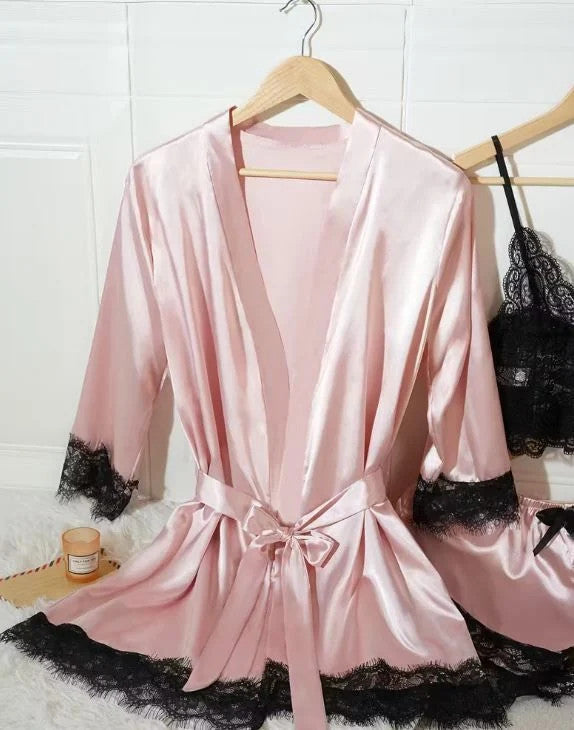 Silky feel baby pink satin black lace trim 4 piece lingerie set size 10 (M)