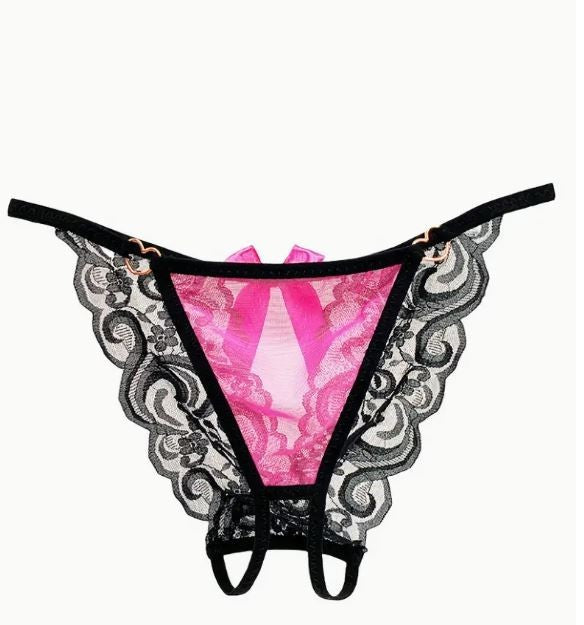 Women's soft mesh tanga Knickers Size S-UK 8 Pink Bow open crotch French style