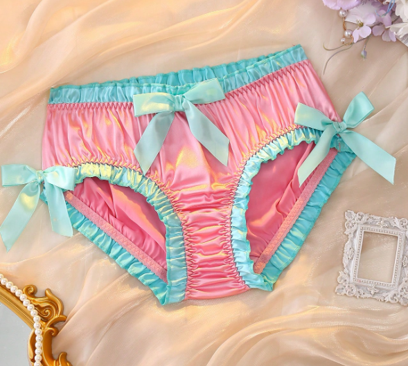Women's ruffle trim satin panties silky feel knickers bow detail #sissy#TV#CD