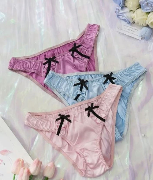 3 pack Satin Panties Coquette Bow Bikini Cut Lingerie silky soft sissy size S 8