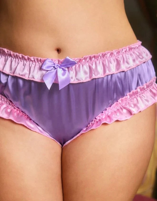 Silky feel lilac satin panties ruched bum knickers pink trim size UK 22-24 / 4XL