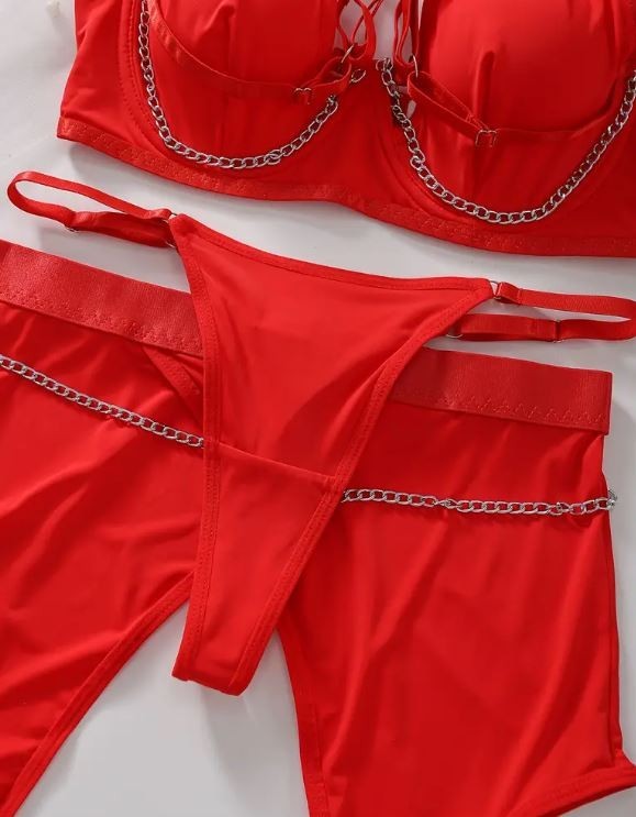 HOT! trendy lingerie 5-piece set soft silky feel satin chain detail women sissy