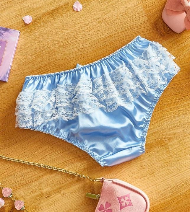 Women's silky feel satin blue panties knickers lace ruffles sissy size 8 (S)