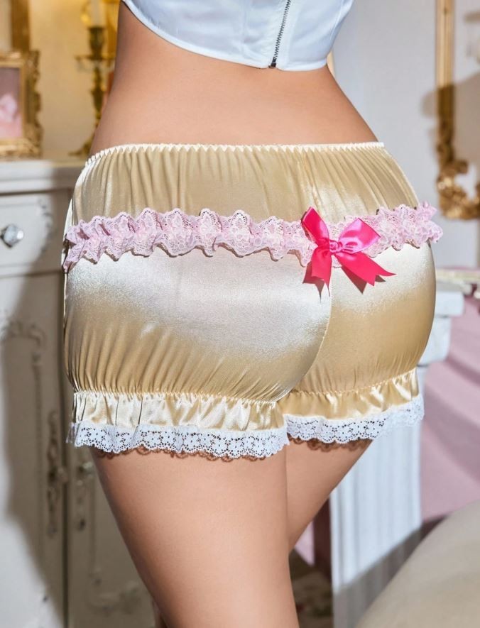 Stunning luxury silky feel satin yellow bloomers panties knickers ruffles M / 10