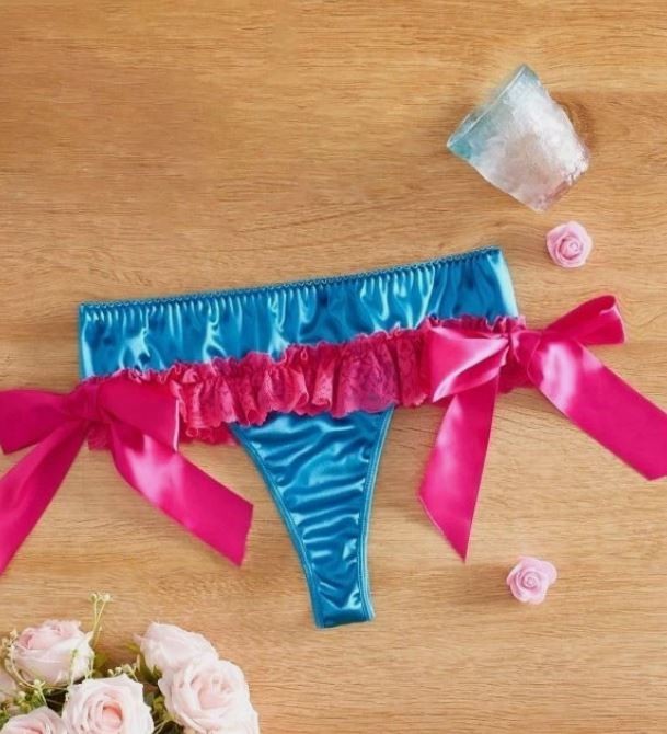 Women’s Teal silky Satin Thong Pink Ruffle Trim knickers sissy Panties size 8/S