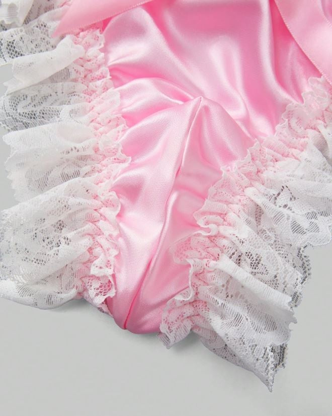 Men’s pink Satin silky feel panties ruched Luxury sissy lace trim size M 10