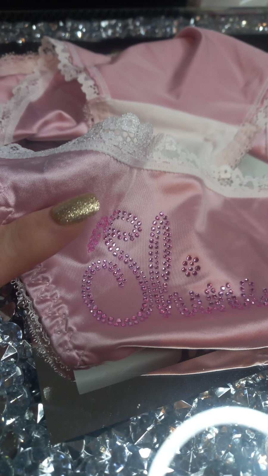 Women's pink soft silky feel satin tanga panties SHINE print sissy size 10 (M)