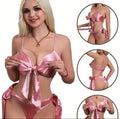 Pink Satin Lingerie Set Bow Tie Bralette Knickers Strappy Bikini style size S 8