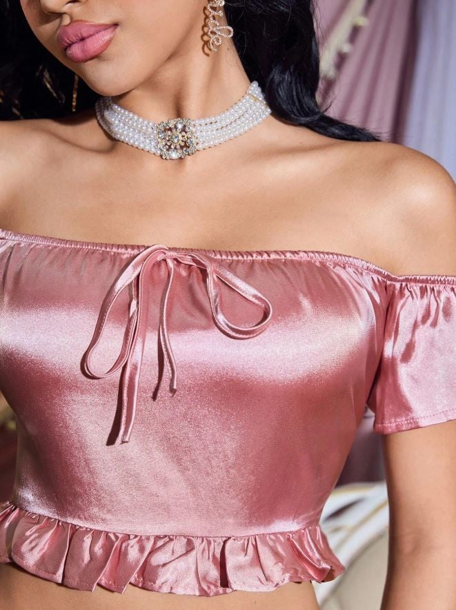 Women’s Satin Pajama Set 2-Piece Off-Shoulder Crop Top & Ruffle Shorts – S / 8