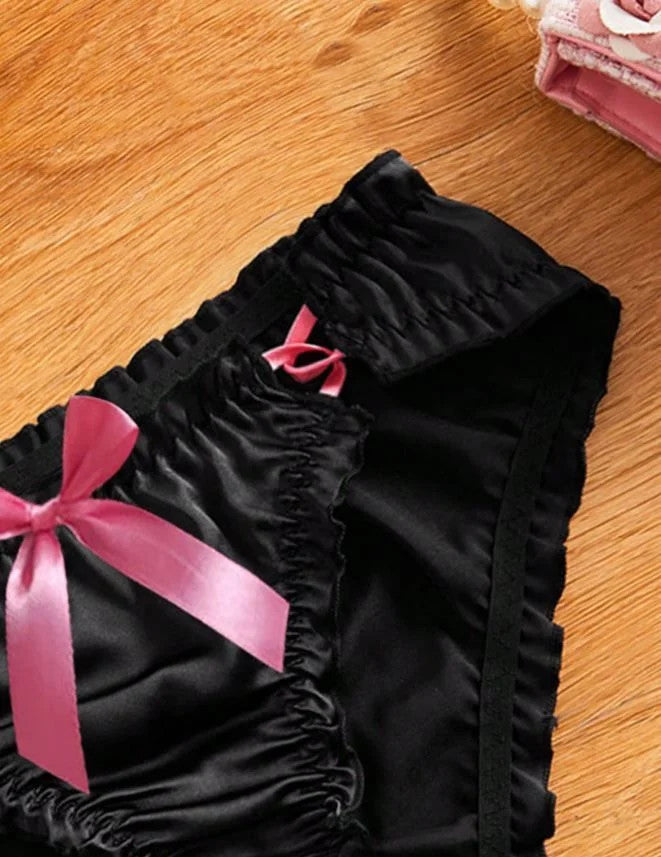 Black soft silky feel satin panties knickers ruffles sissy pink bow size 8 (S)