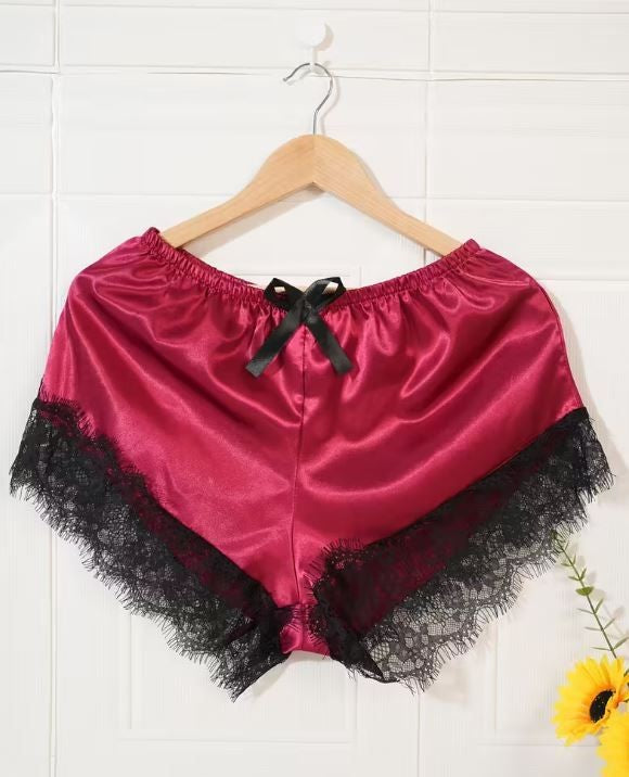 Silky feel deep red satin black lace trim 4 piece lingerie set size 8 / S