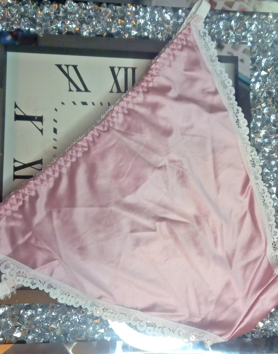 Women's pink soft silky feel satin tanga panties SHINE print sissy size 10 (M)