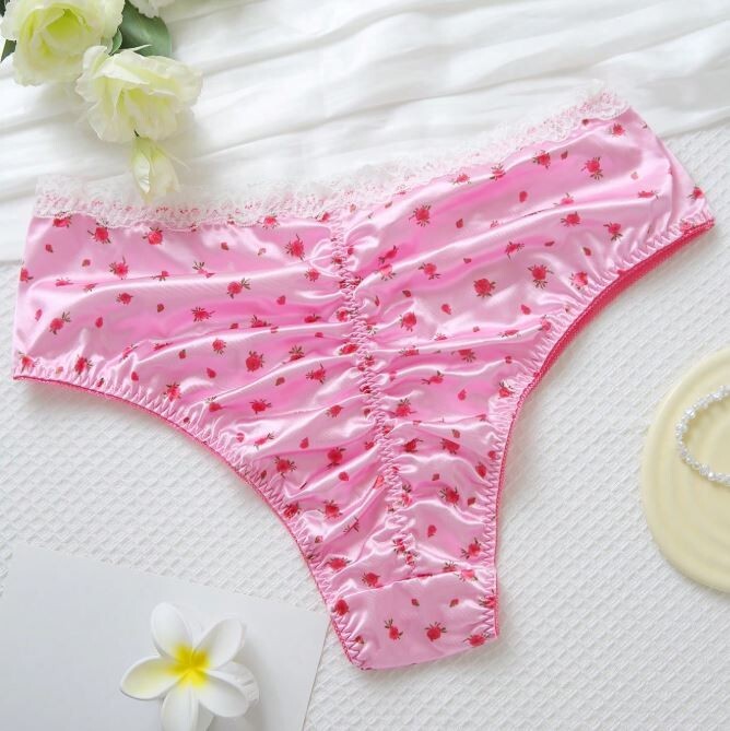 Women's floral print pink silky feel satin knickers stunning details plus size x