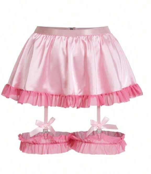 Women Pink silky feel satin lace garter belt leg garters & top intimate addition