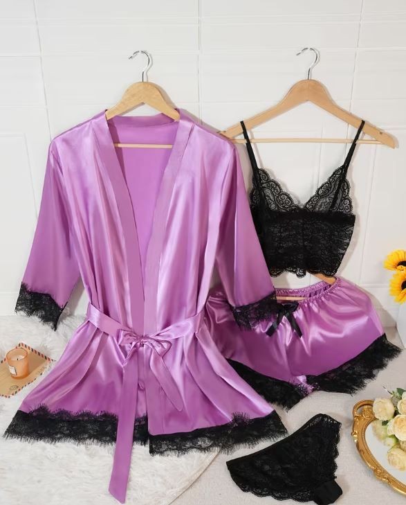 Silky feel purple satin black lace trim 4 piece lingerie set size 16-18 (XL)
