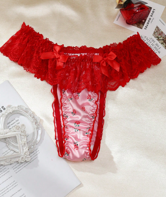 Women's Floral red & pink tanga style knickers sissy Panties. soft silky feel x
