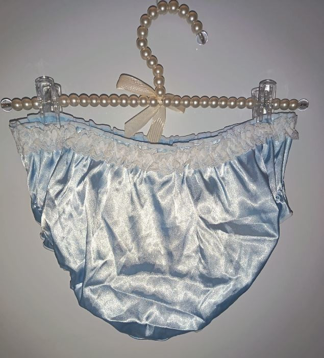 Women’s Blue Satin knickers white Lace Trim silky feel panties size L 12-14