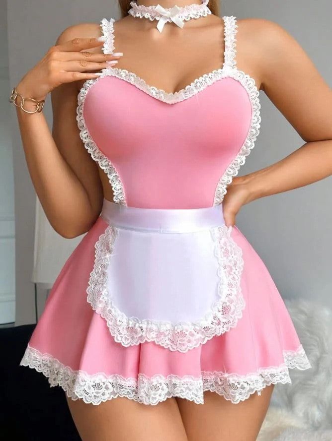 Silky feel soft pink fantasy maid lingerie nightie nightdress 3 piece size 8 / S