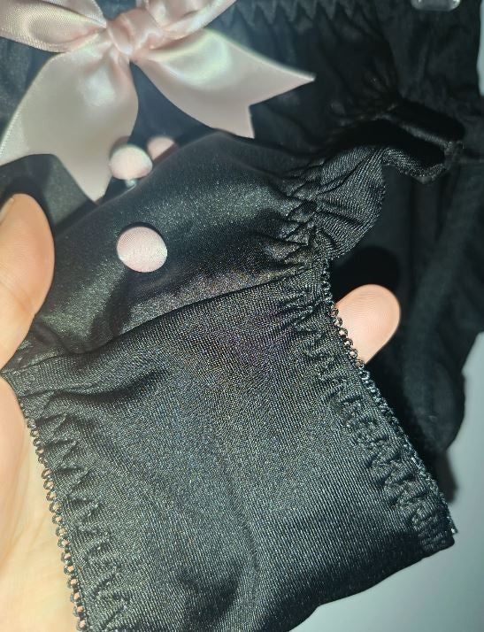Black Satin Frilly Knickers Lace Trim Bow Detail buttons detail size M 8-10