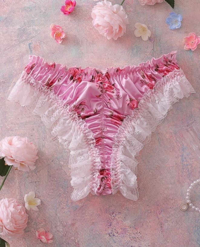GlossGlam pink soft silky feel satin panties floral ruched bum size 12-14 (L)