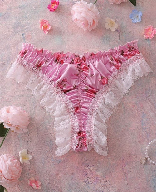 GlossGlam pink soft silky feel satin panties floral ruched bum size 12-14 (L)