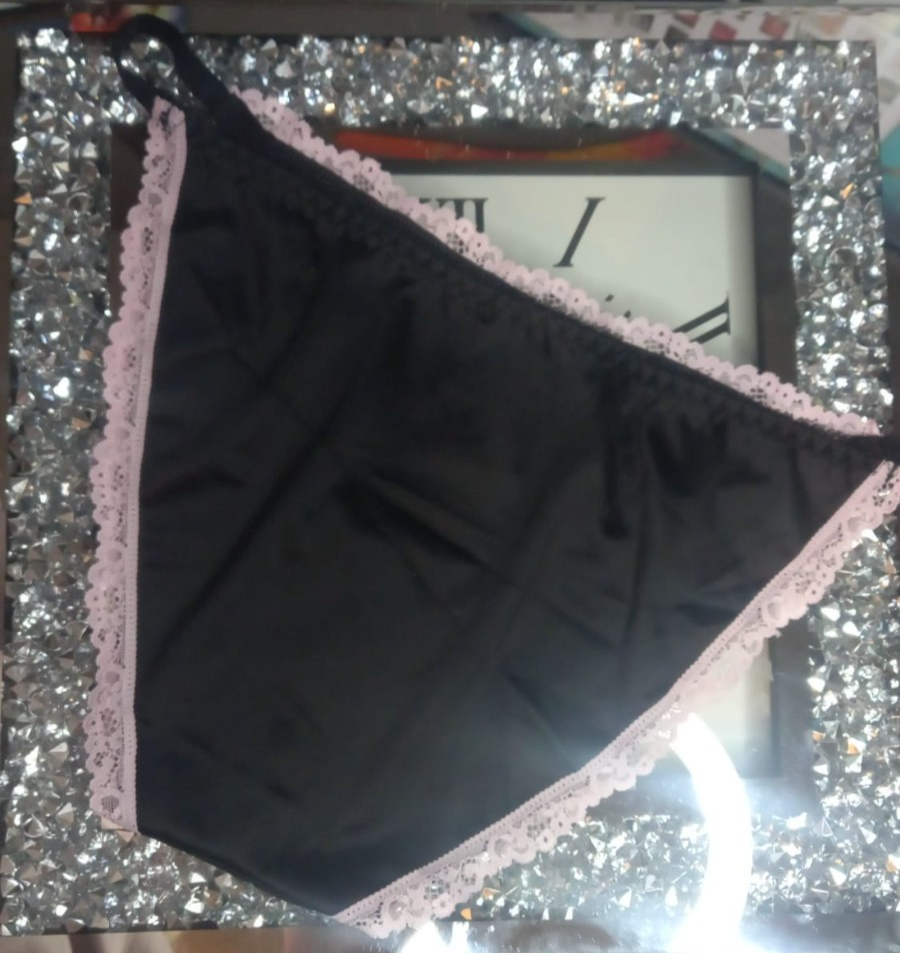 Women's black soft silky feel satin tanga panties SHINE print sissy size 8 (S)
