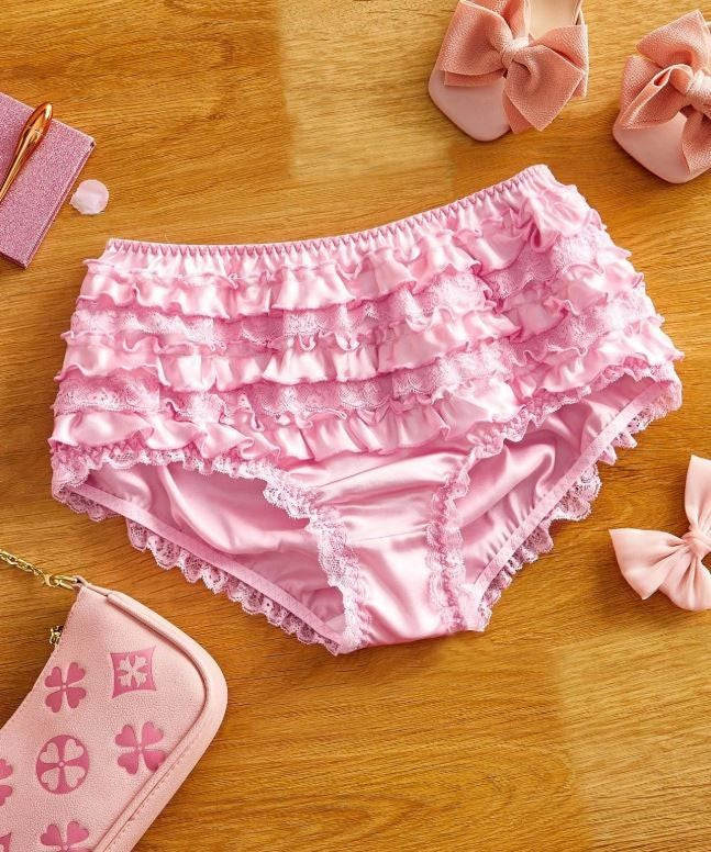 Silky feel Satin Frilly Knickers Briefs Panties pink lace trim size 12-14 / L