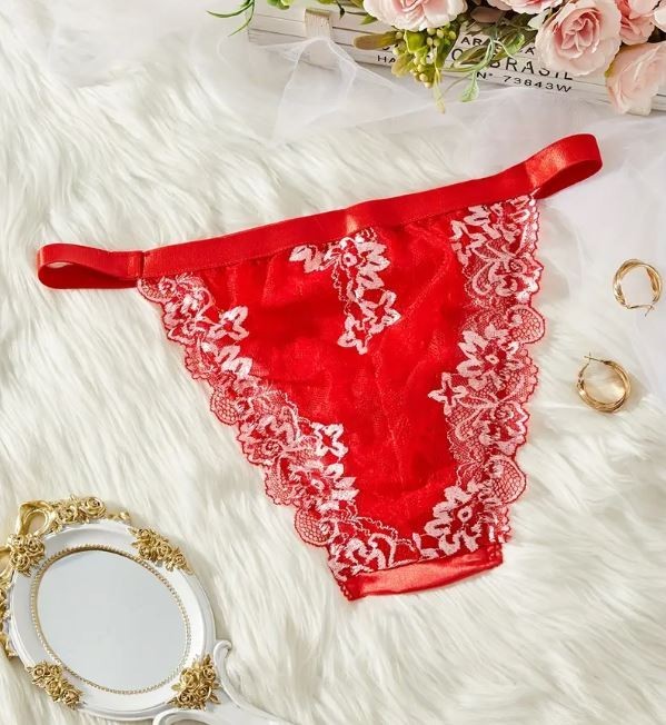 Women's red silky feel satin tanga panties knickers mesh lace sissy size 8 (S)