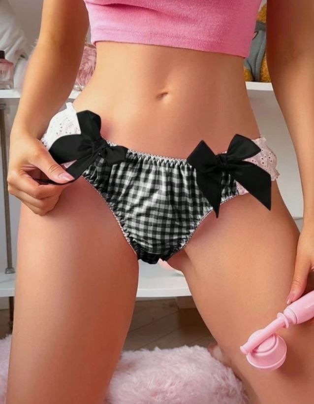 Women's black Gingham Bikini Panties Bow Lace Trim sissy unisex size M UK 10