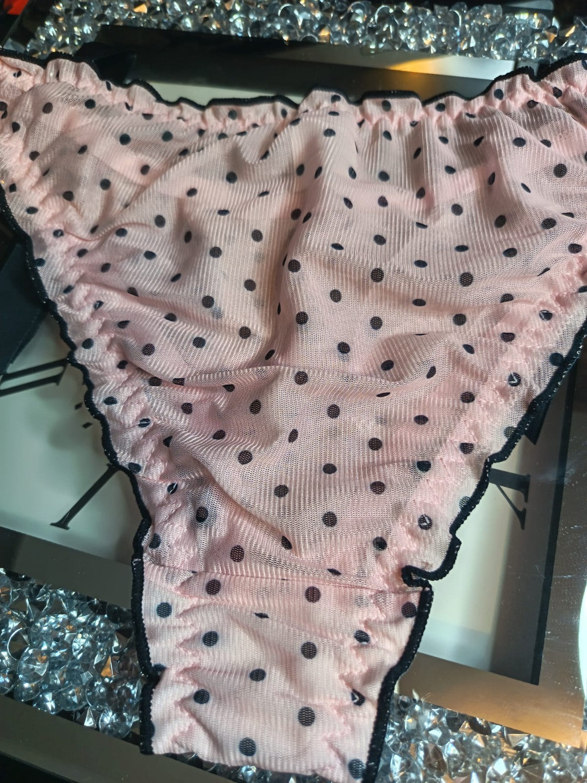 Semi sheer panties pink polka dot knickers satin bow lettuce trim UK 16-18 / XL