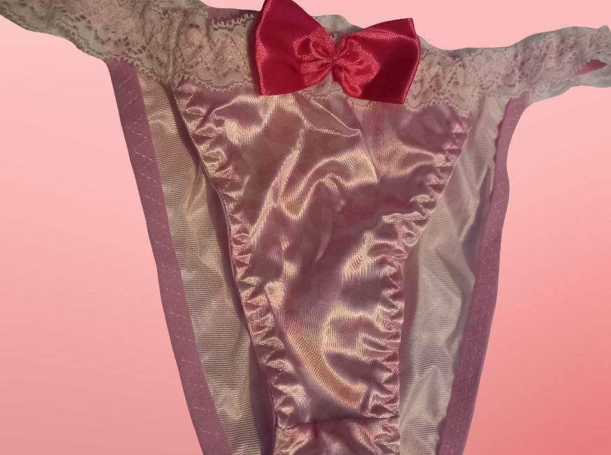 Stunning women's soft silky feel satin knickers tanga lace trim panties pink