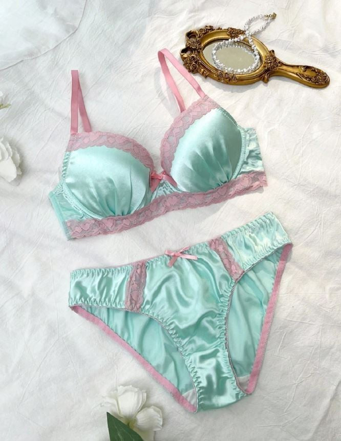 Women’s Mint Green Satin Bra & Knickers Set Pink Lace Trim Lingerie size S 8