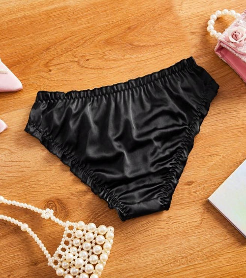 Black soft silky feel satin panties knickers sissy pink bow size 12-14 (L)