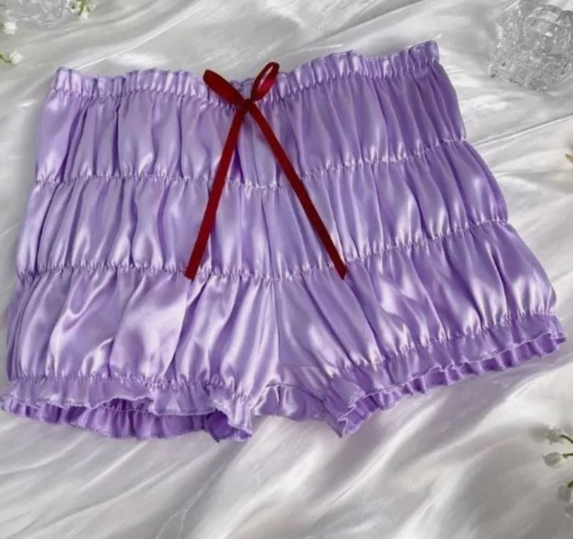 Ruched lilac satin knickers silky feel soft lettuce trim bow sissy size 10 M